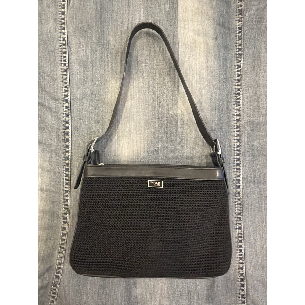 The Sak Elliott Lucca Shoulder Hobo Bag Black Crochet  Leather Strap